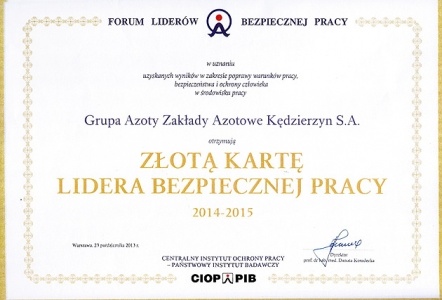 Grupa Azoty ZAK S.A. awarded the 'Gold Card of Safe Work Leaders'